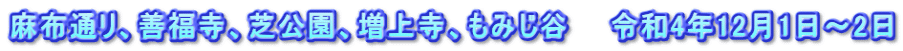麻布通リ、善福寺、芝公園、増上寺、もみじ谷　　令和4年12月1日～2日