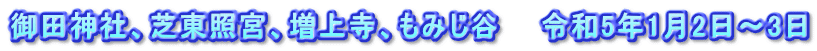 御田神社、芝東照宮、増上寺、もみじ谷　　令和5年1月2日～3日