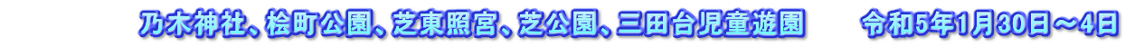　　　　　　　乃木神社、桧町公園、芝東照宮、芝公園、三田台児童遊園　　　令和5年1月30日～4日